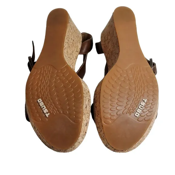 Tsubo Olivette BrownTan Leather Strappy Cork‎ Wedge Platforms