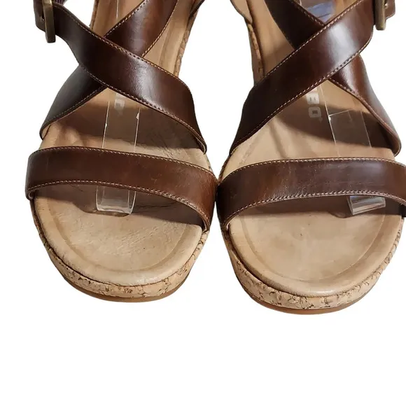 Tsubo Olivette BrownTan Leather Strappy Cork‎ Wedge Platforms
