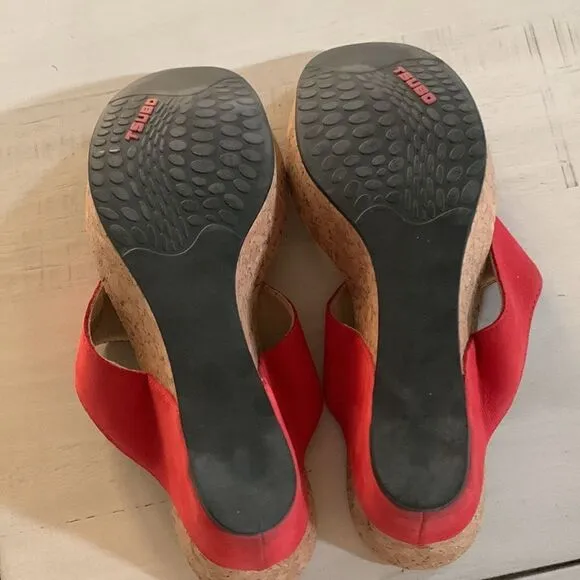 TSUBO Red Suede Cork Wedge Sandals