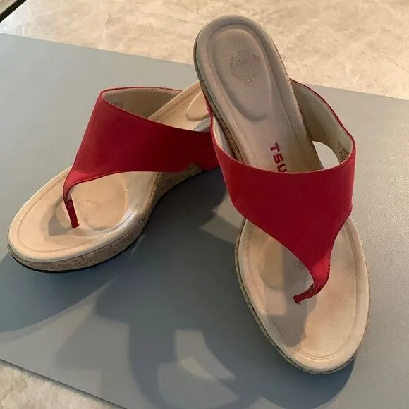 TSUBO Red Suede Cork Wedge Sandals