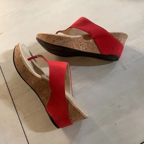 TSUBO Red Suede Cork Wedge Sandals