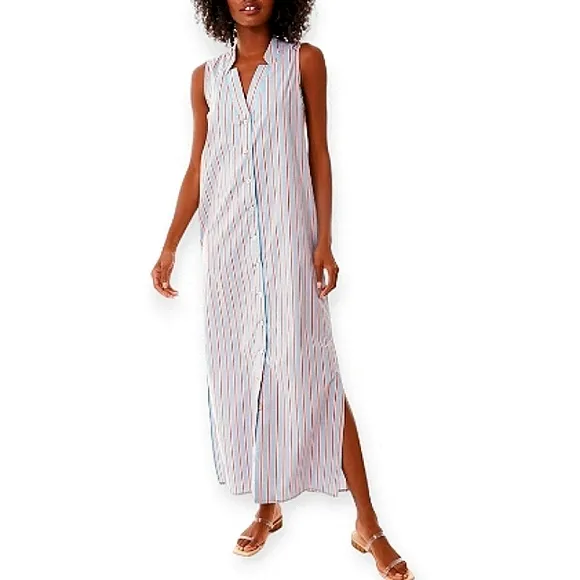 TUCKERKNUCK Pomander Place Lara Stripe V-Neck Midi/Maxi Pocket Shirtdres…