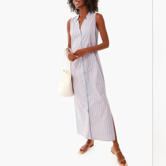 TUCKERKNUCK Pomander Place Lara Stripe V-Neck Midi/Maxi Pocket Shirtdres…