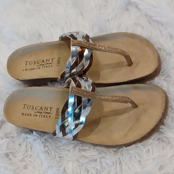 Tuscany By Easy Street Womens Gold &amp; Silver Slide Wedge Sandals Size 7.5 WW NEW
