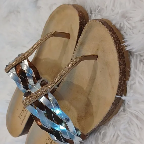 Tuscany By Easy Street Womens Gold &amp; Silver Slide Wedge Sandals Size 7.5 WW NEW