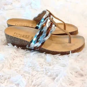 Tuscany By Easy Street Womens Gold &amp; Silver Slide Wedge Sandals Size 7.5 WW NEW