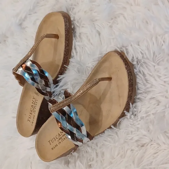 Tuscany By Easy Street Womens Gold &amp; Silver Slide Wedge Sandals Size 7.5 WW NEW