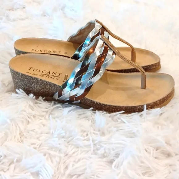 Tuscany By Easy Street Womens Gold &amp; Silver Slide Wedge Sandals Size 7.5 WW NEW