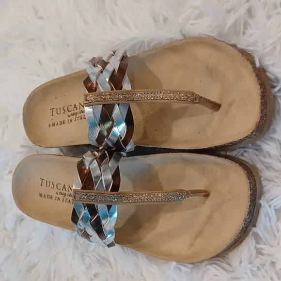 Tuscany By Easy Street Womens Gold &amp; Silver Slide Wedge Sandals Size 7.5 WW NEW