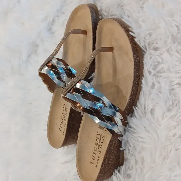 Tuscany By Easy Street Womens Gold &amp; Silver Slide Wedge Sandals Size 7.5 WW NEW