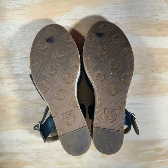 UGG Black Leather Wedge Sandals Women’s Size 6.5