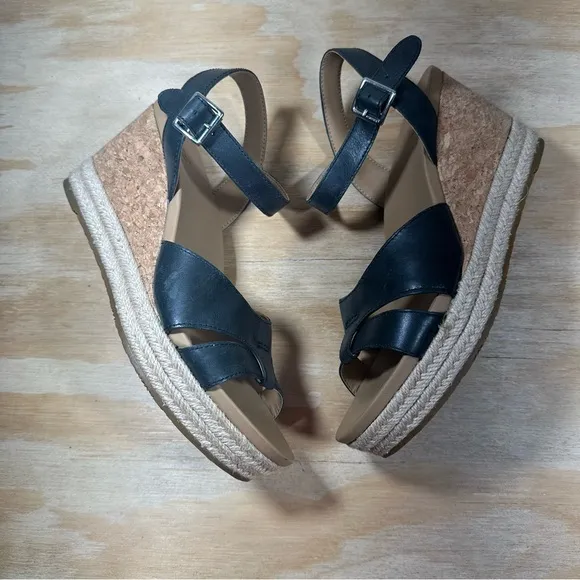 UGG Black Leather Wedge Sandals Women’s Size 6.5