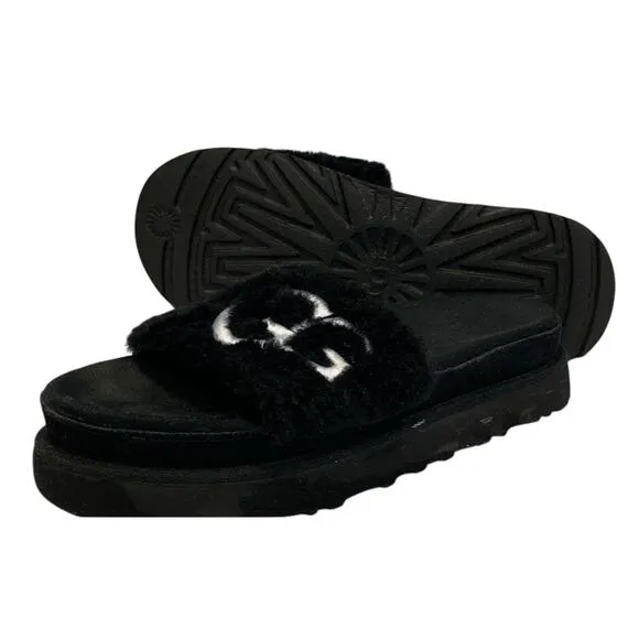 UGG Black Women's Size 6 Logo Laton Fur Loungewear Foam House Slides Sandals