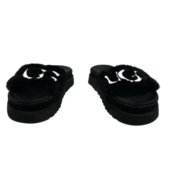 UGG Black Women's Size 6 Logo Laton Fur Loungewear Foam House Slides Sandals