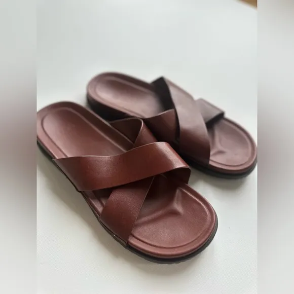 UGG Brown Leather Slide Sandals