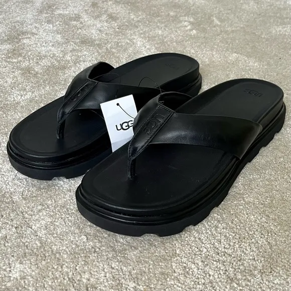 UGG Capitola Flip Flops Sandals-Black Leather-Men’s 12-Summer-Casual-Travel-NEW