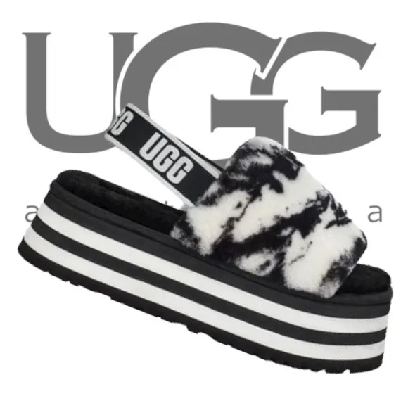 UGG Disco Marble Fluff Ya Stacked Platform Black &amp; White Slippers Sandals Size 8