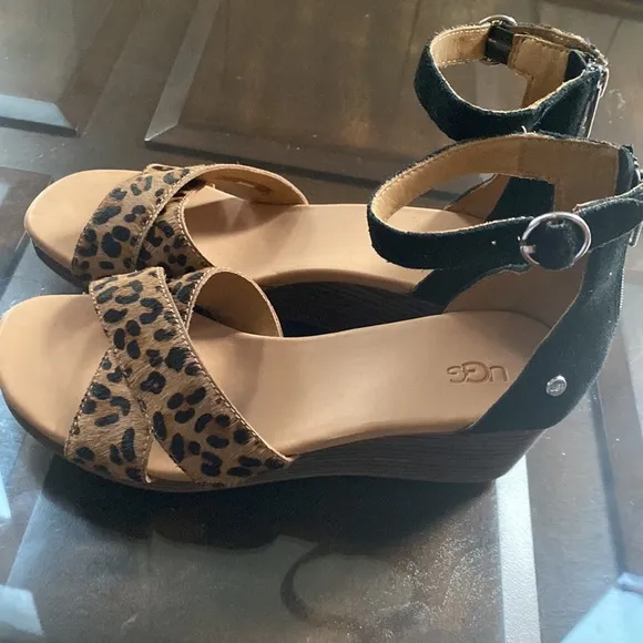 UGG EUGENIA LEOPARD WEDGE SANDALS