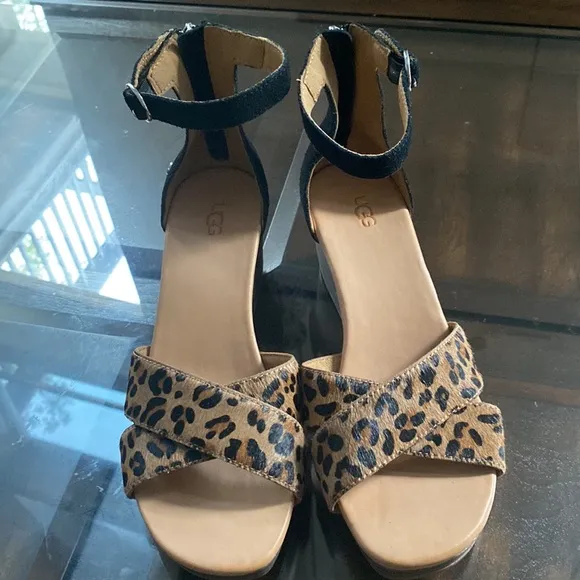 UGG EUGENIA LEOPARD WEDGE SANDALS