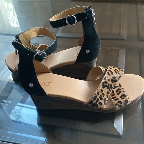 UGG EUGENIA LEOPARD WEDGE SANDALS