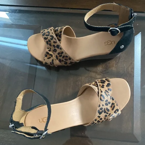 UGG EUGENIA LEOPARD WEDGE SANDALS
