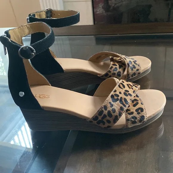 UGG EUGENIA LEOPARD WEDGE SANDALS