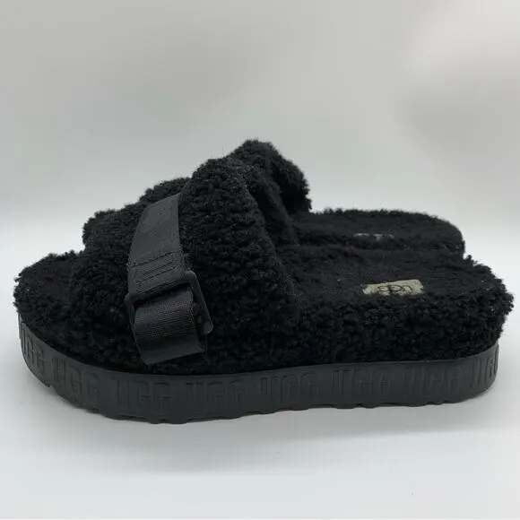 UGG Fluffita Platform Sheepskin Slipper Black Size 9/9.5 Lounge Travel Fuzzy