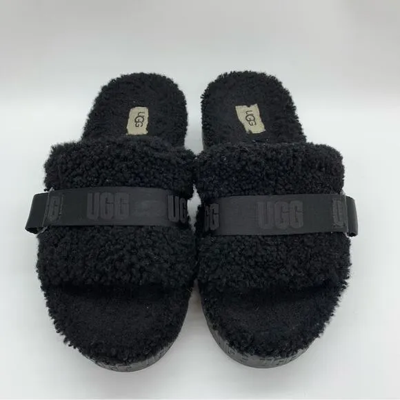 UGG Fluffita Platform Sheepskin Slipper Black Size 9/9.5 Lounge Travel Fuzzy