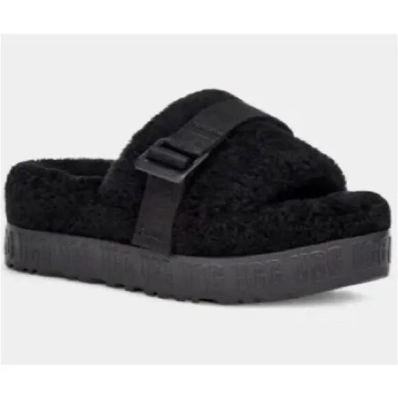 UGG Fluffita Platform Sheepskin Slipper Black Size 9/9.5 Lounge Travel Fuzzy