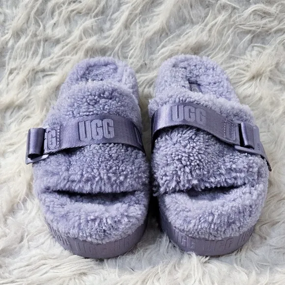 Ugg Fluffita Slides Sandals Platform Purple Fleece Lamb Fur Shearling