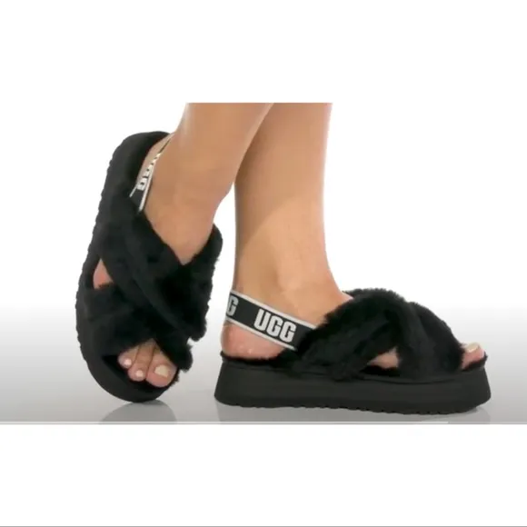 UGG Furry Black Sandals Platform Size 9