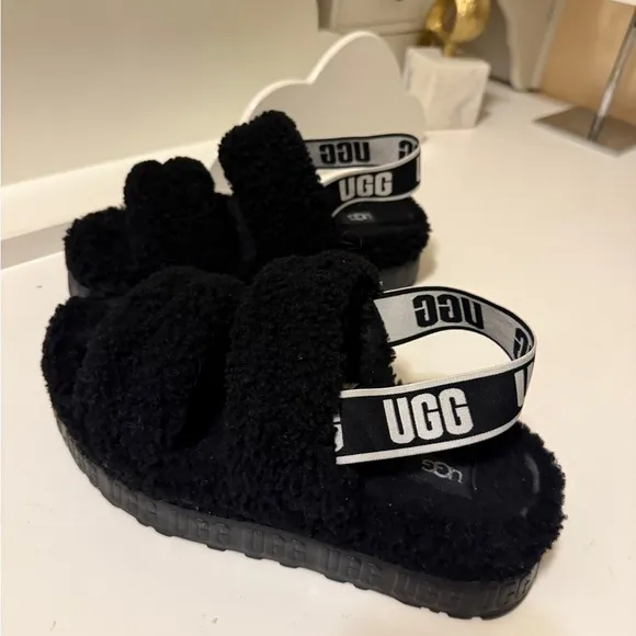UGG Oh Fluffita SheepskinSlippers Slingback SZ 8 BlackWomens.great conditions