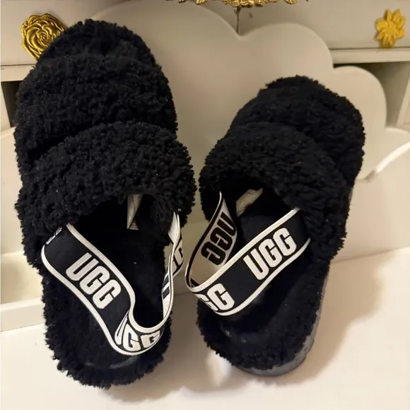 UGG Oh Fluffita SheepskinSlippers Slingback SZ 8 BlackWomens.great conditions