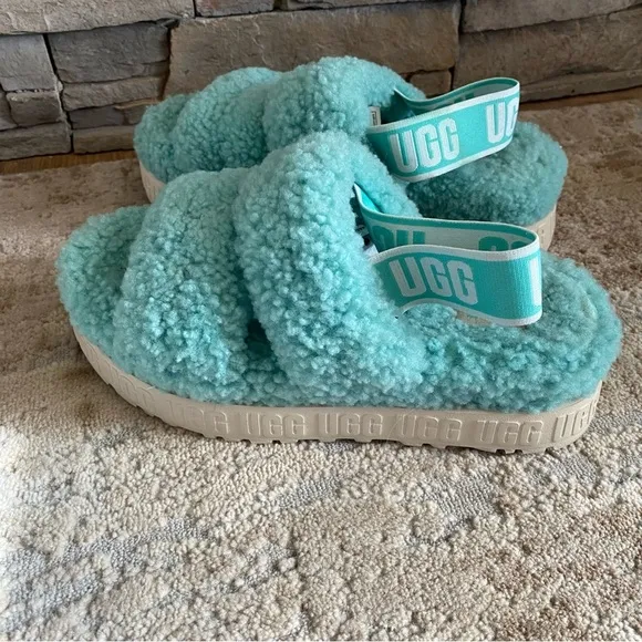 UGG Oh Fluffita Tide Pool Blue Flatform Platform Sandals Slingback: 6