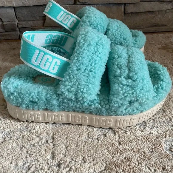 UGG Oh Fluffita Tide Pool Blue Flatform Platform Sandals Slingback: 6