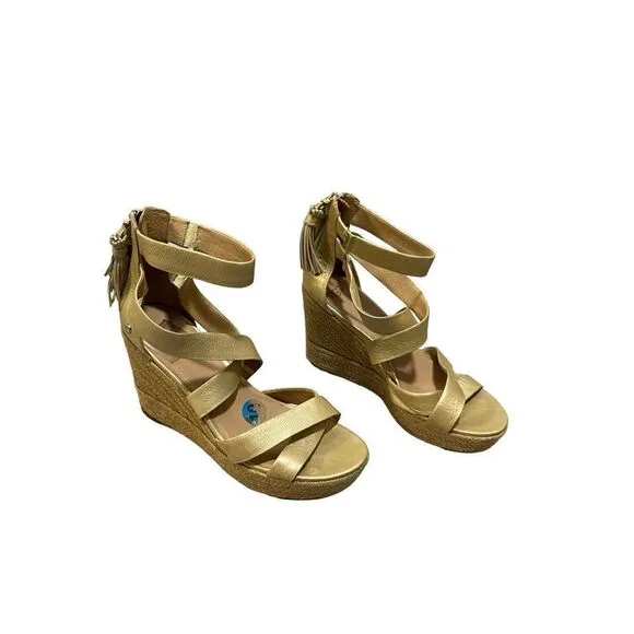 UGG Raquel Metallic Leather Ankle Strap Wedge Sandals Women’s Size 10