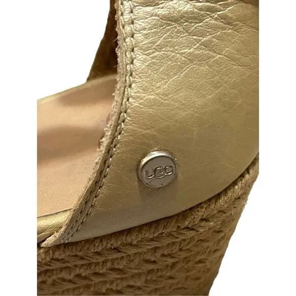 UGG Raquel Metallic Leather Ankle Strap Wedge Sandals Women’s Size 10