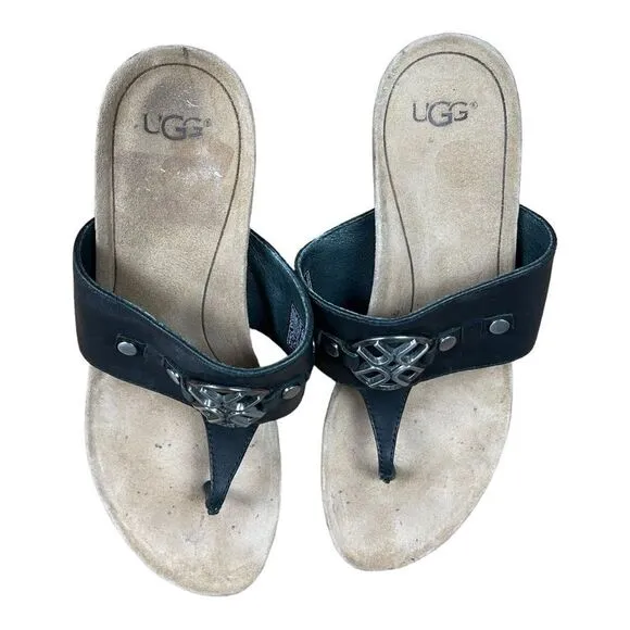UGG Women's Briella Thong Sandals Cork Wedge Black Women's Size 7 1011548
