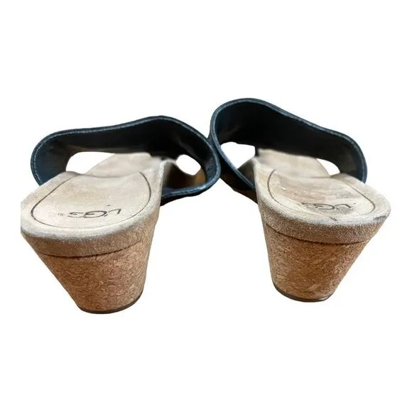 UGG Women's Briella Thong Sandals Cork Wedge Black Women's Size 7 1011548