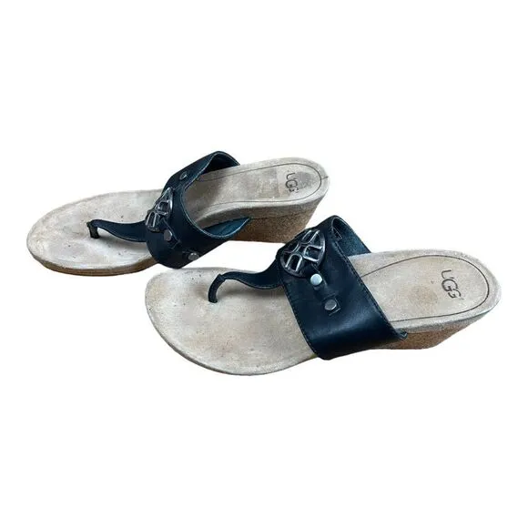 UGG Women's Briella Thong Sandals Cork Wedge Black Women's Size 7 1011548