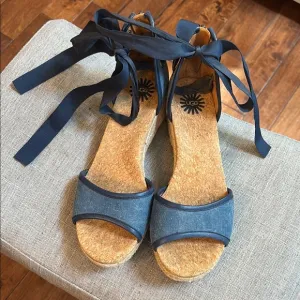 UGG Womens Sz 7.5 Amell Open Toe Lace Up Espadrille Jeans Wedge Blue Sandals