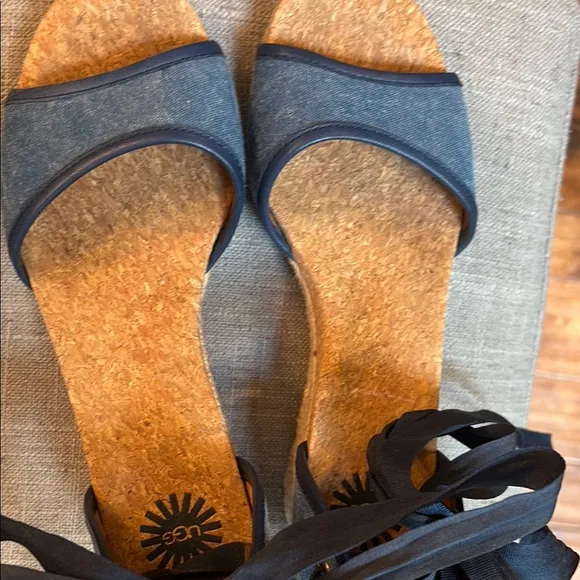 UGG Womens Sz 7.5 Amell Open Toe Lace Up Espadrille Jeans Wedge Blue Sandals