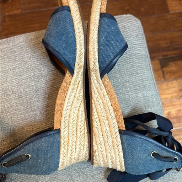 UGG Womens Sz 7.5 Amell Open Toe Lace Up Espadrille Jeans Wedge Blue Sandals