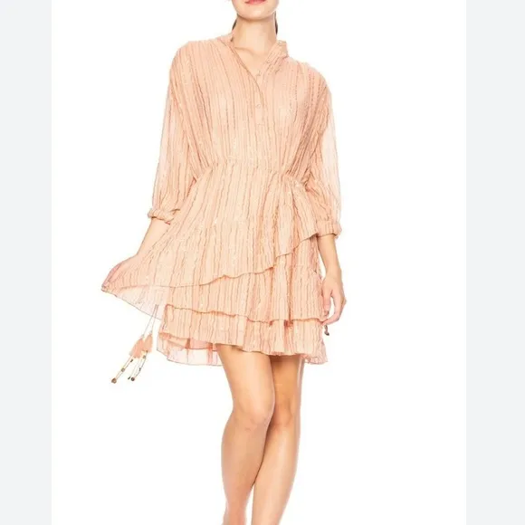 Ulla Johnson Della Dress Blush Lurex Striped Ruffle Tunic M