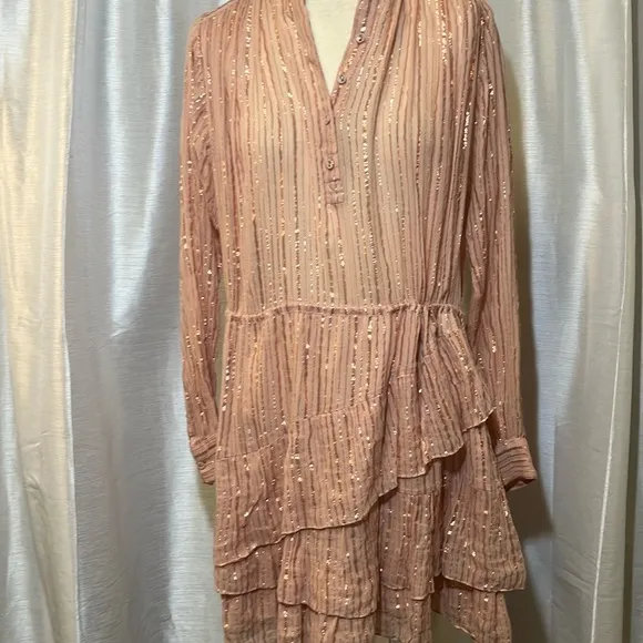 Ulla Johnson Della Dress Blush Lurex Striped Ruffle Tunic M