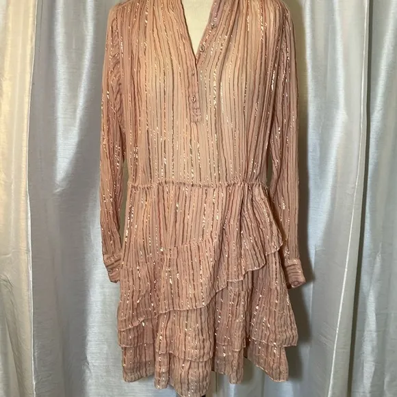 Ulla Johnson Della Dress Blush Lurex Striped Ruffle Tunic M