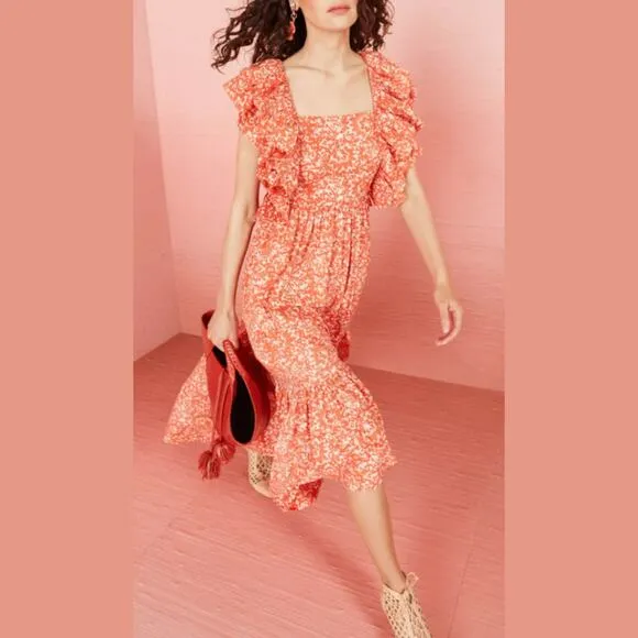 ULLA JOHNSON Freida Printed Cotton Midi Dress Coral Batik Red Orange White US 4