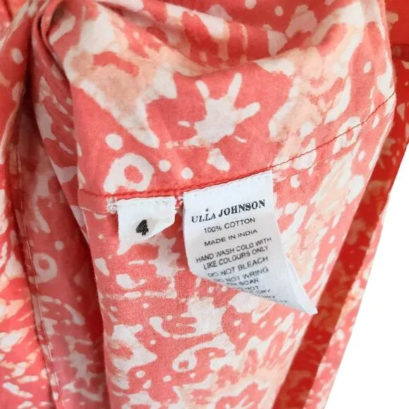 ULLA JOHNSON Freida Printed Cotton Midi Dress Coral Batik Red Orange White US 4