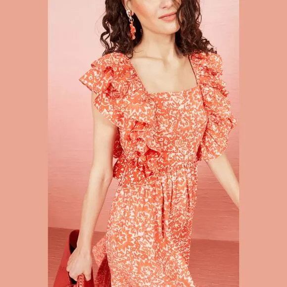 ULLA JOHNSON Freida Printed Cotton Midi Dress Coral Batik Red Orange White US 4