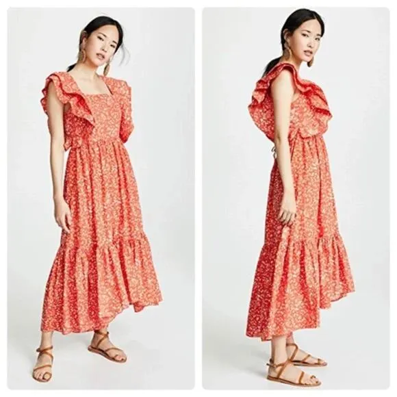ULLA JOHNSON Freida Printed Cotton Midi Dress Coral Batik Red Orange White US 4